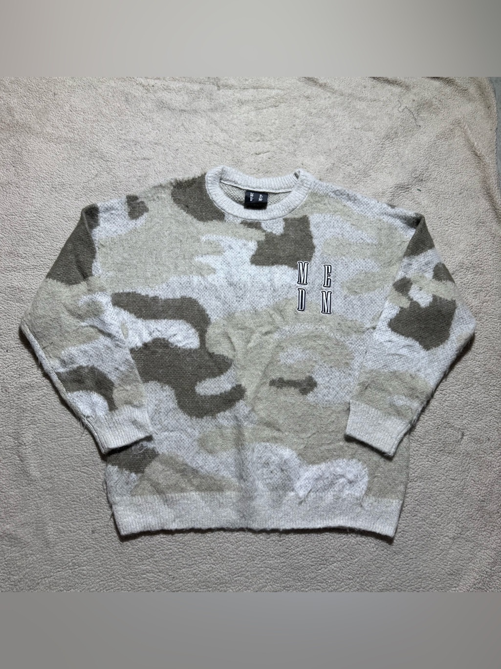 Medm Mr Enjoy Da Money Sweater Mens Small Beige Tan Camo Knit Crew Neck Pullover